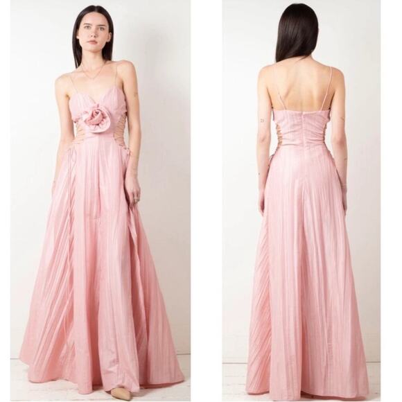 For Love & Lemons Gwenyth Rosette Lace Up Side Cutout Pink Maxi Gown Size Medium - Picture 2 of 12